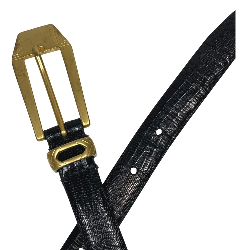 Vintage Kenneth Cole Lizard Embossed Leather Belt M Black Gold Buckle Italy